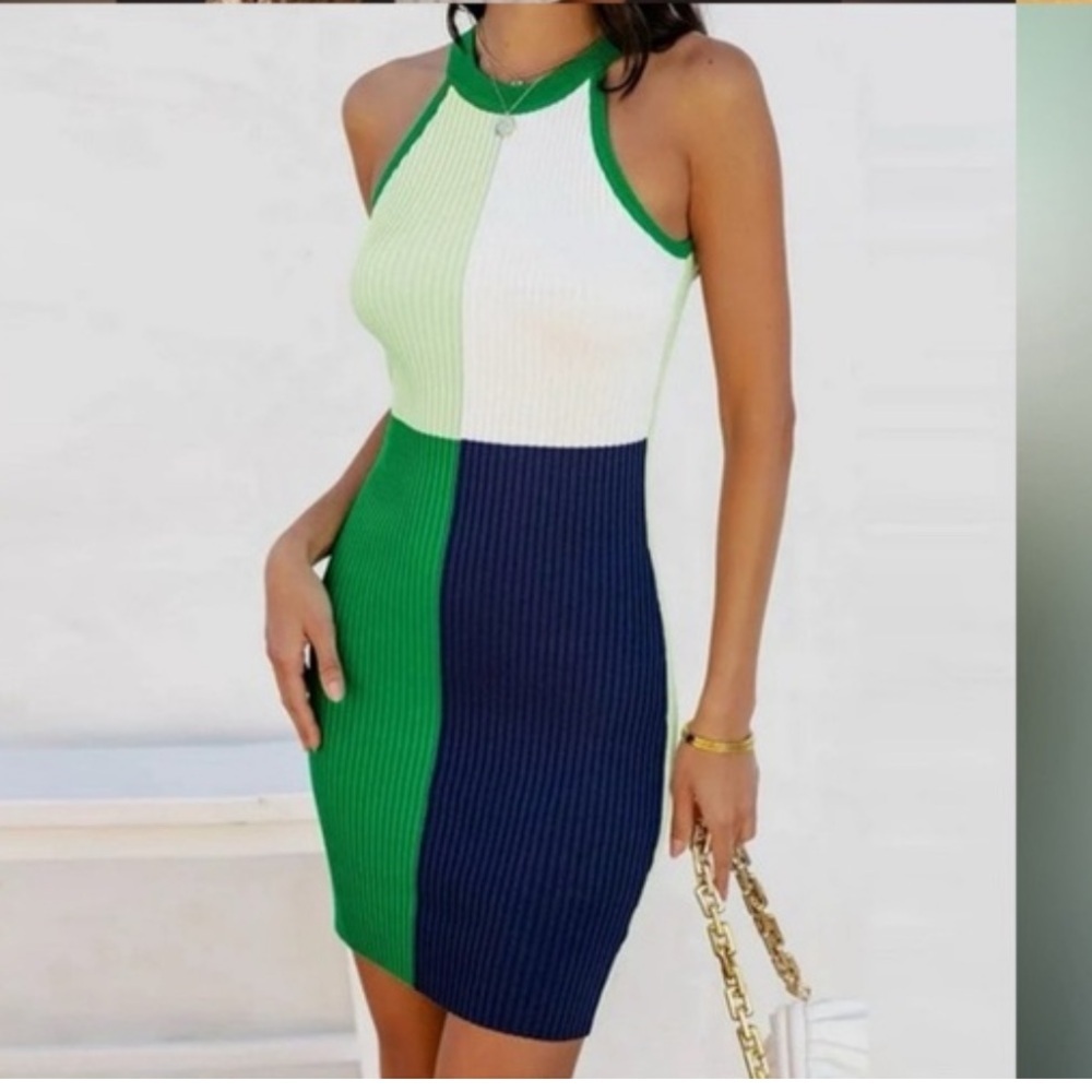 DEE ELLY Elegant Green and Blue Colorblock Mini Dress size small - Picture 4 of 8